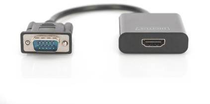 VGA to HDMI adaptor cable with black connectors. On the left is the VGA plug, on the right is the HDMI port.