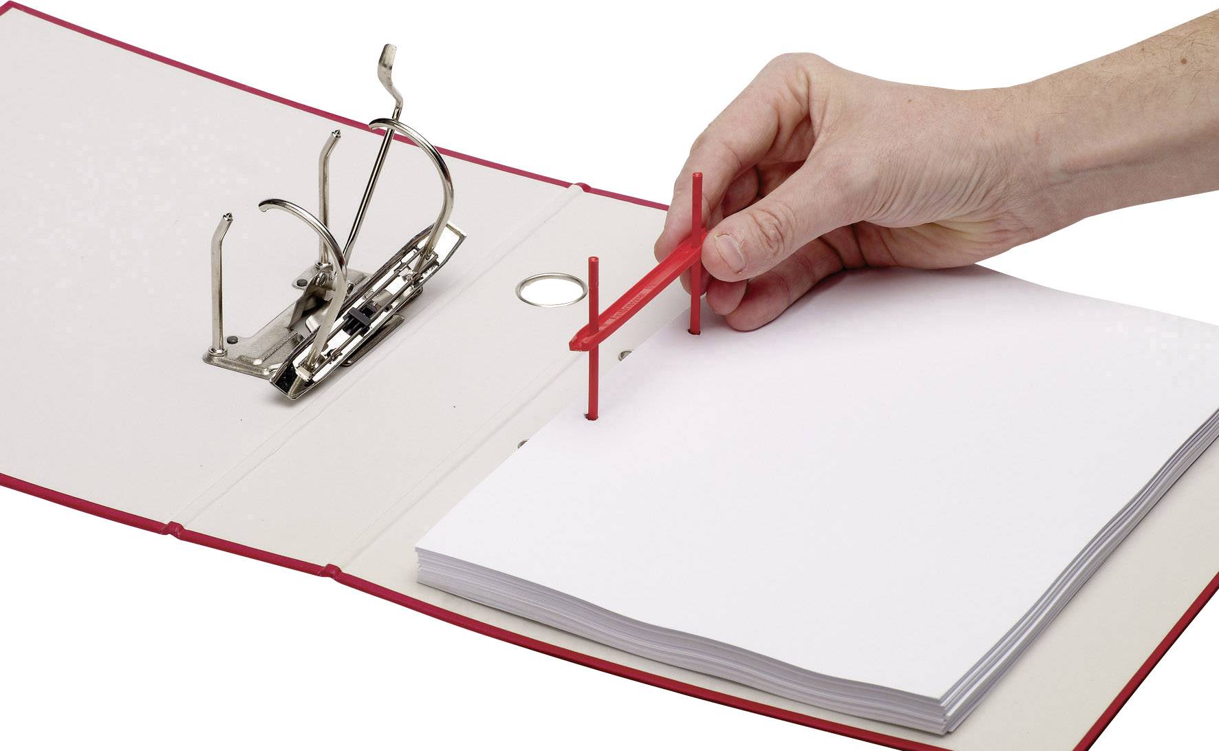 A hand opens the clip of a red ring binder with white pages inside.