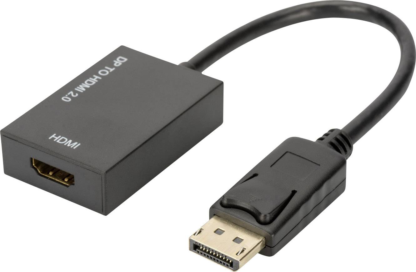 A black adapter with the inscription 'DP TO HDMI 2.0'. It has a DisplayPort plug on one side and an HDMI port on the other side.