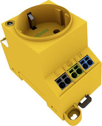 Yellow electrical socket by WAGO with three connection terminals, marked as L (Live), N (Neutral) and earth symbol.