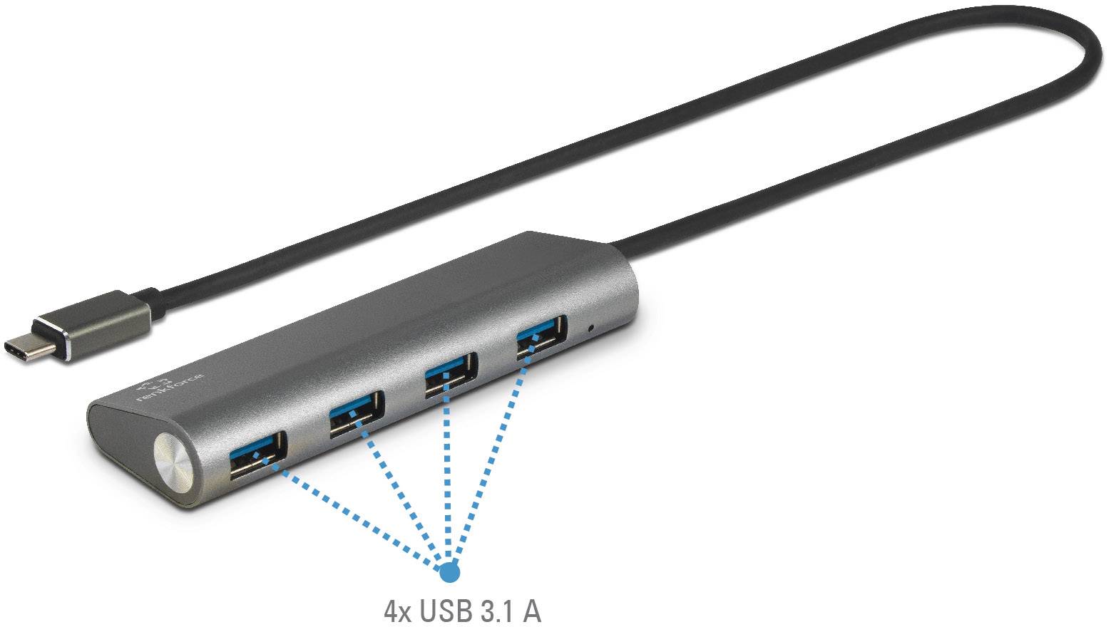 USB hub with four USB 3.1 ports and a USB-C cable, suitable for connecting multiple devices to a computer.