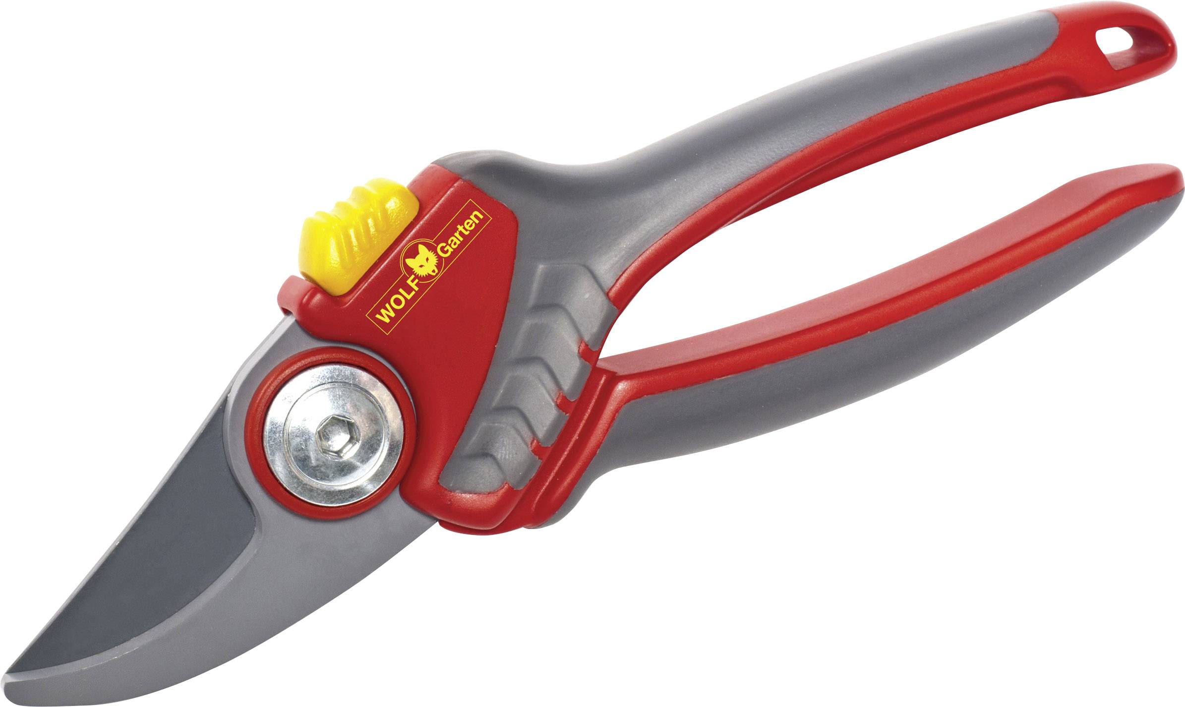 Red and grey garden shears with a yellow button and 'WOLF-Garten' label. Ideal for cutting plants and branches.