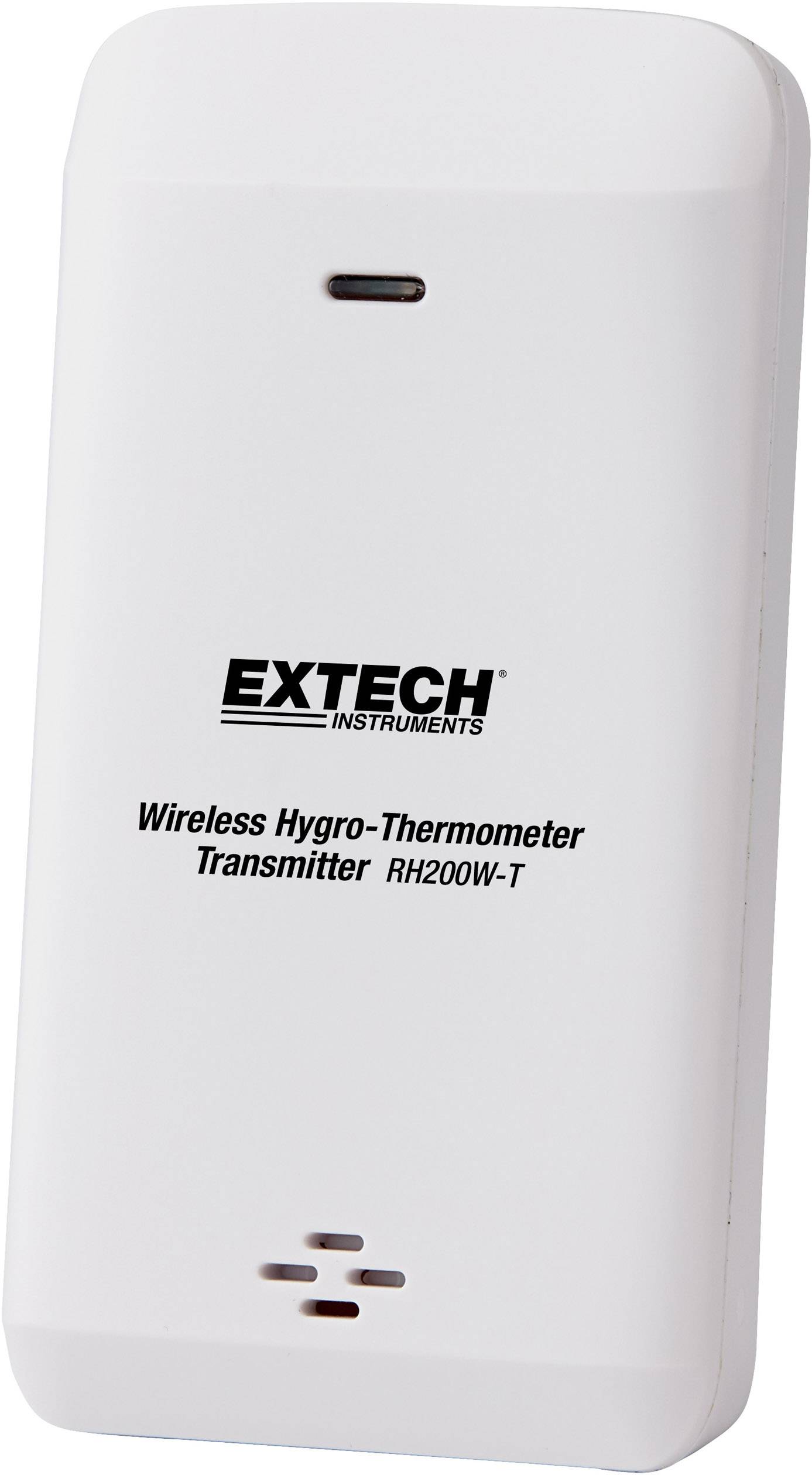 White wireless transmitter by Extech for temperature and humidity measurement, Model RH200W-T, with minimalist design.