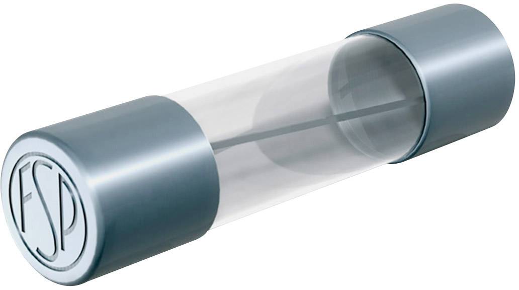 Glass tube with blue metal caps on both ends, marked with 'FSP' on one cap.