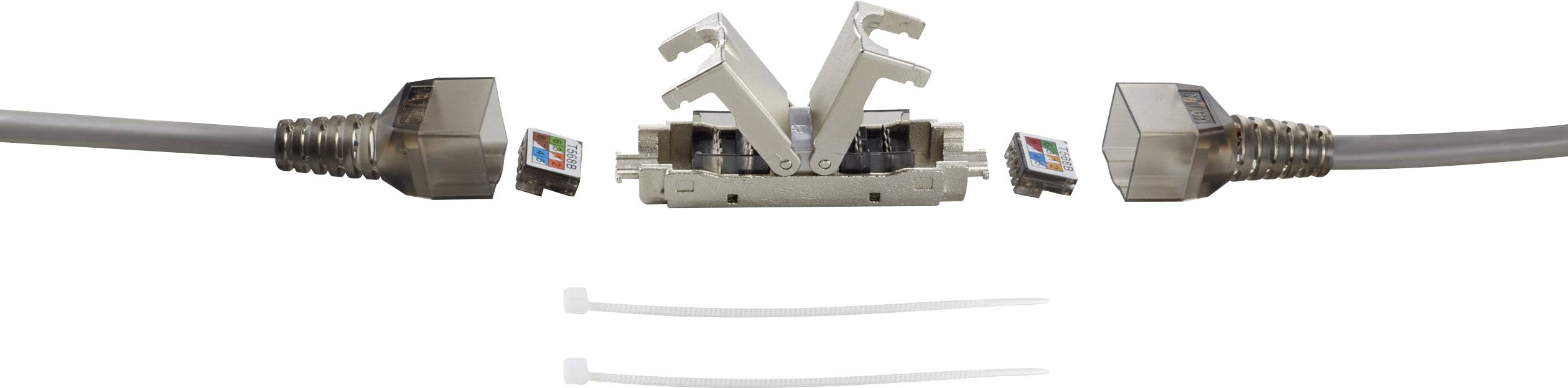 Two Ethernet cables and an RJ45 plug set with cutting tool. Connection process between cables and plugs demonstrated.