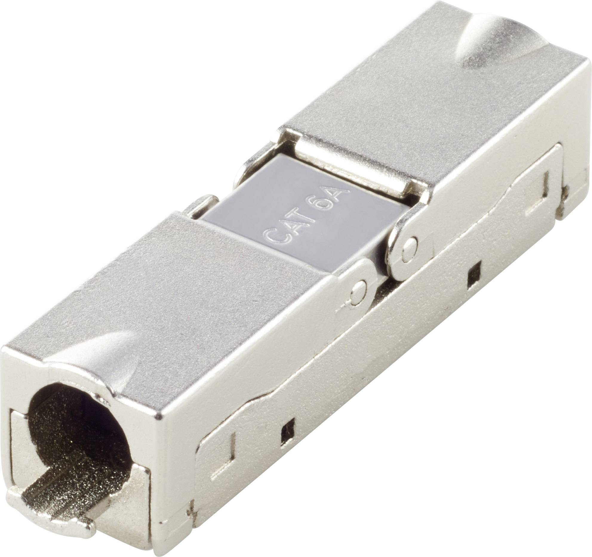 A silver RJ45 plug, labelled 'CAT 6A', shows the connection area and metallic shielding.