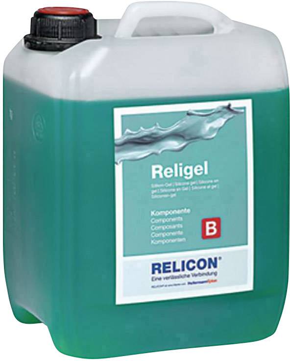 A container of green liquid, label showing 'Religel Component B', brand 'Relicon'. Used for electrical connections.