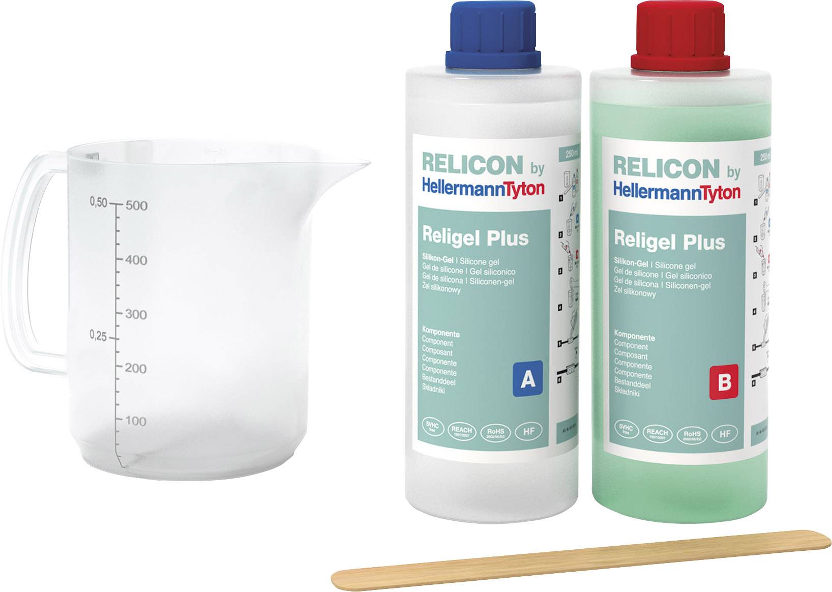 Measuring jug and stirring rod next to two bottles of Relicon Religel Plus, labelled as Component A and B, with blue and red lids.