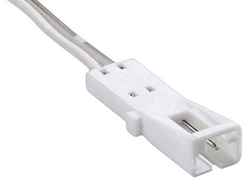 Close-up of a white connector plug with two wires. The plug has a rectangular shape and metal contacts.