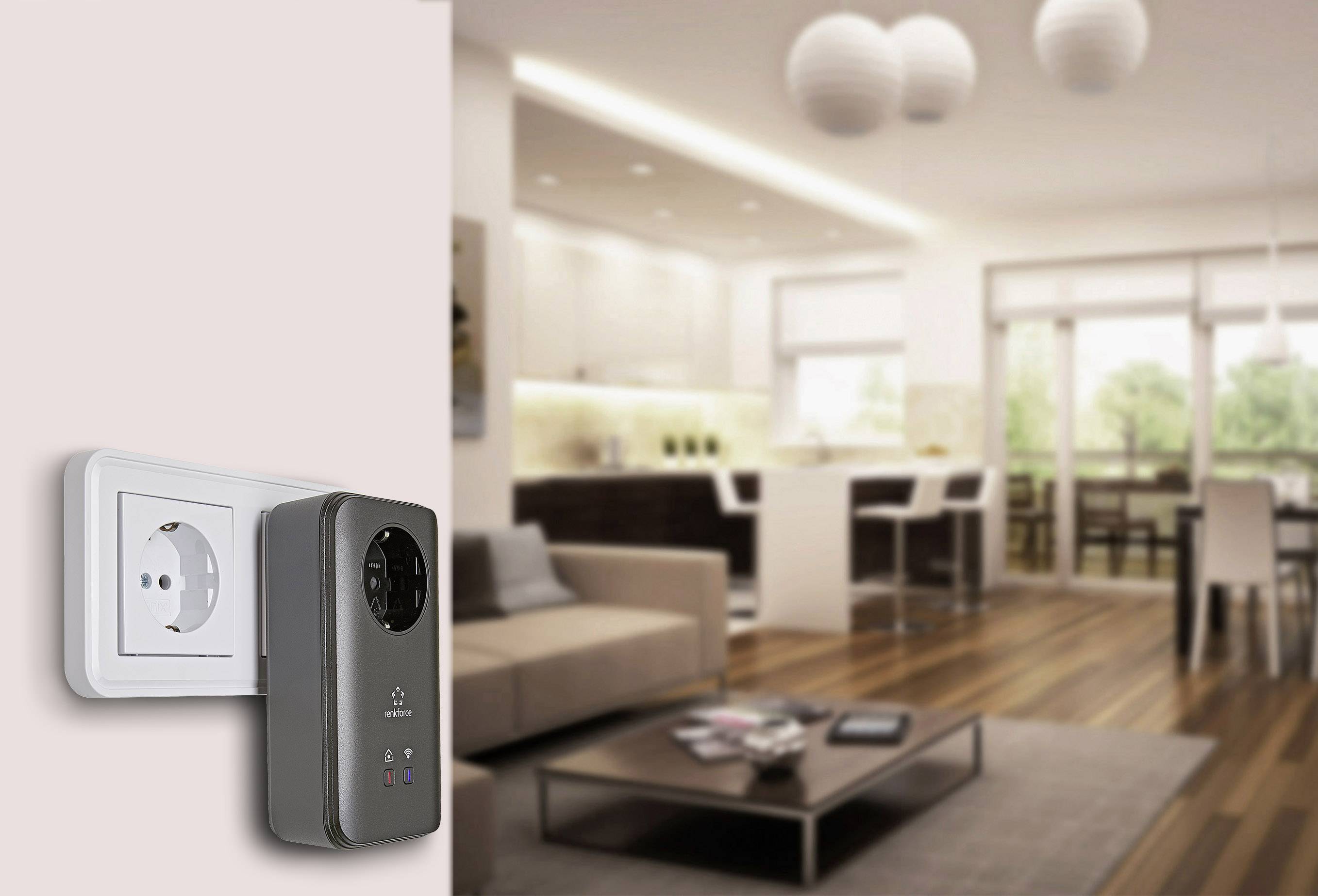 A grey socket with an integrated timer is mounted on the wall. In the background, a modern living room with wooden flooring and white furniture.