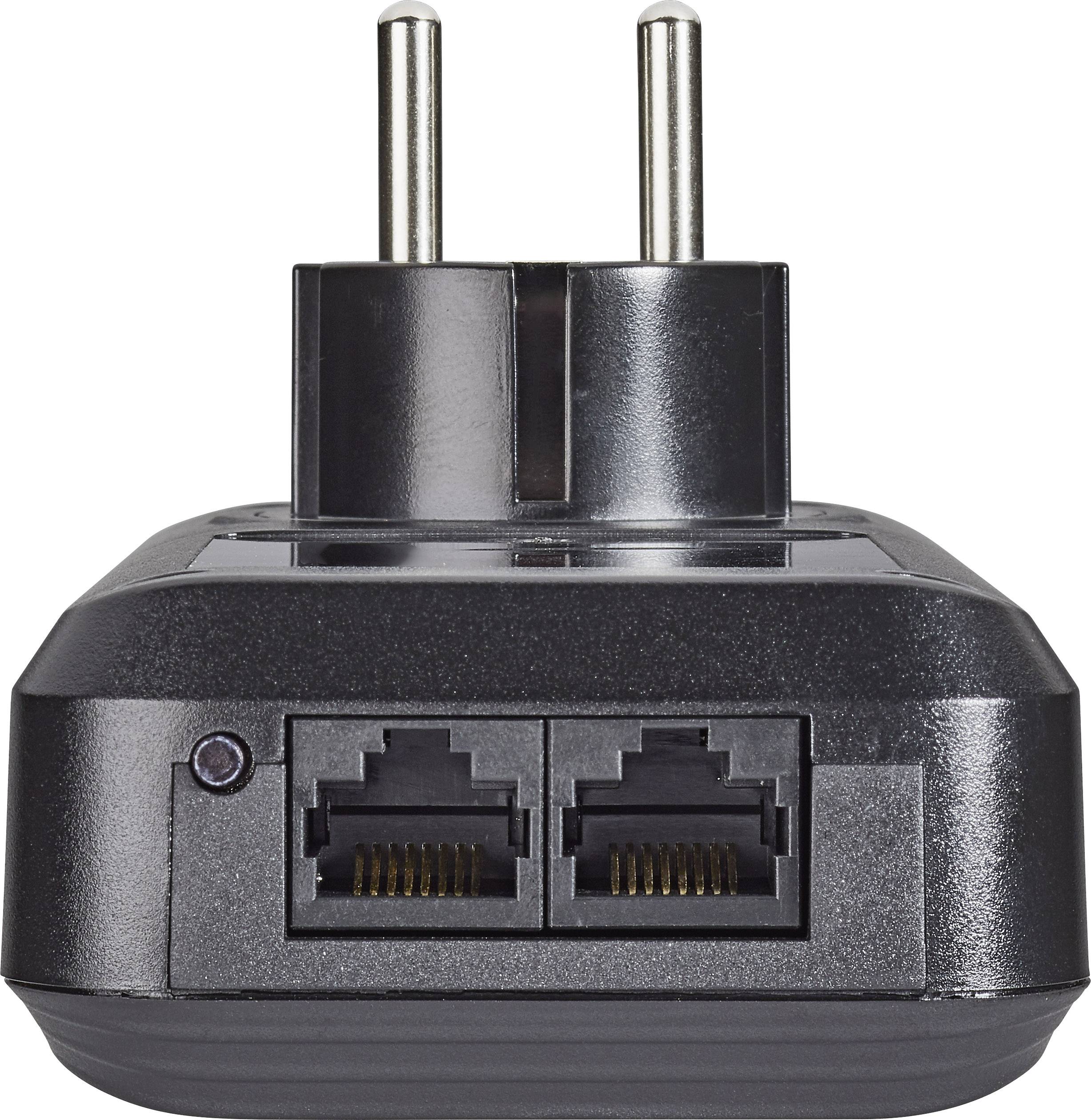 A black adapter plug with two Ethernet ports and a European plug. Ideal for network connections.