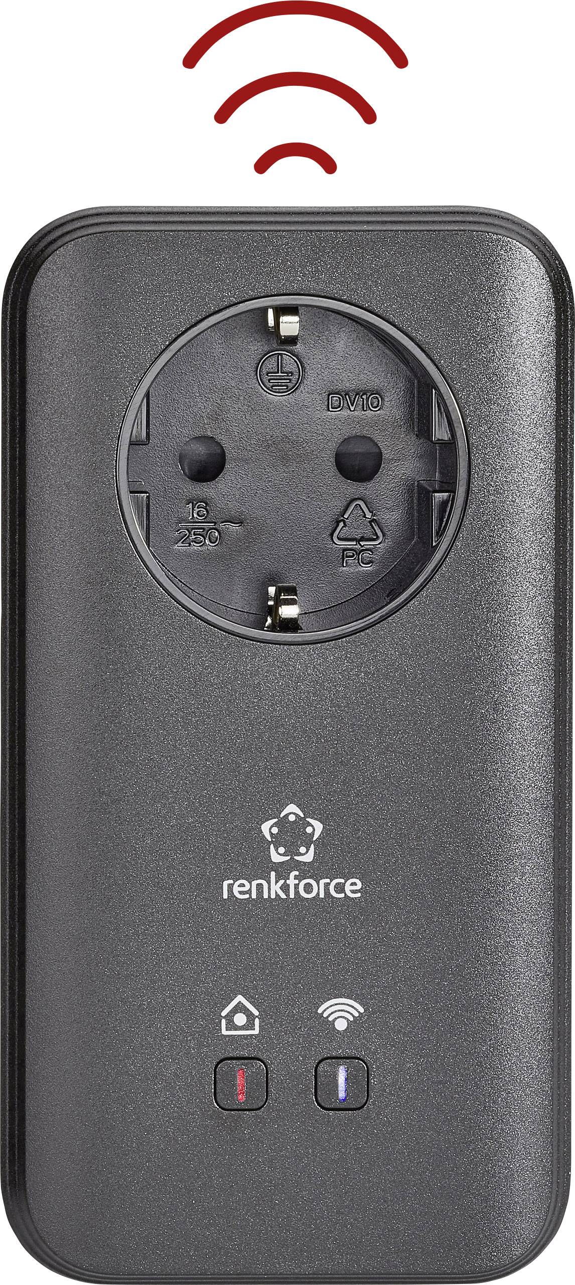 'Renkforce' Smart Socket, black, wall-mounted, with Wi-Fi symbol at the top. Two buttons at the bottom: one with a house symbol, one with an information symbol.