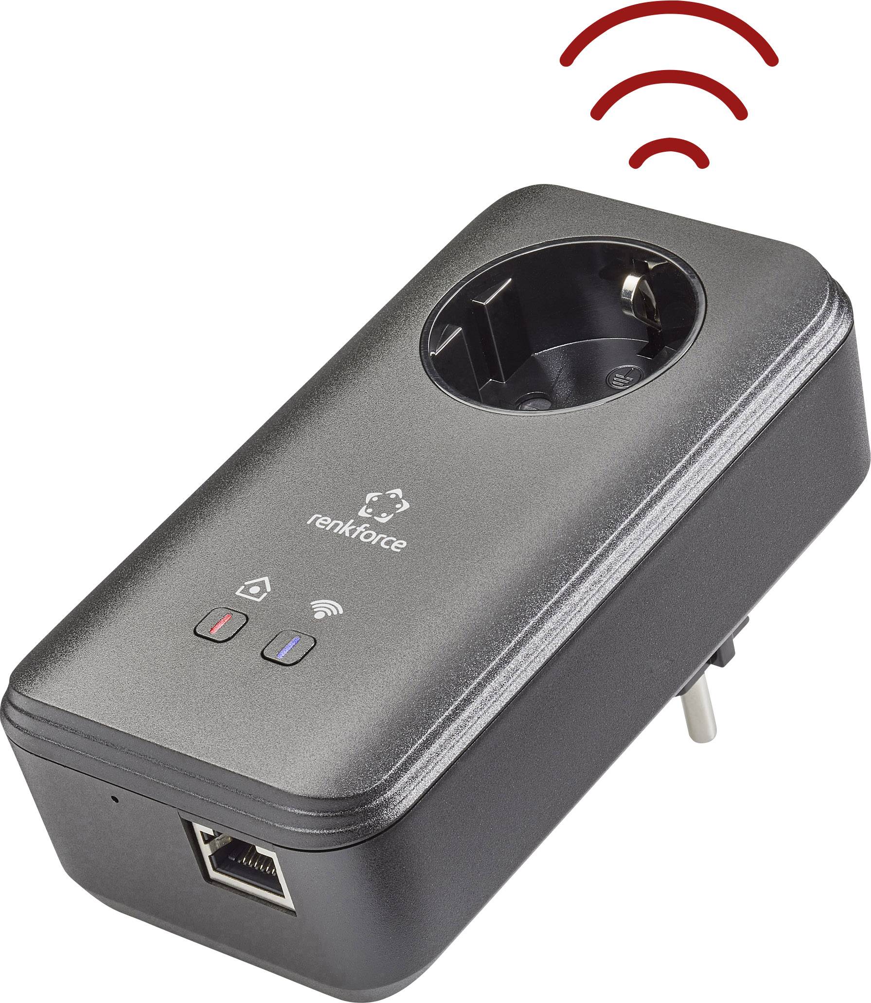 Wi-Fi socket adapter by Renkforce. Includes Ethernet port and network configuration buttons.
