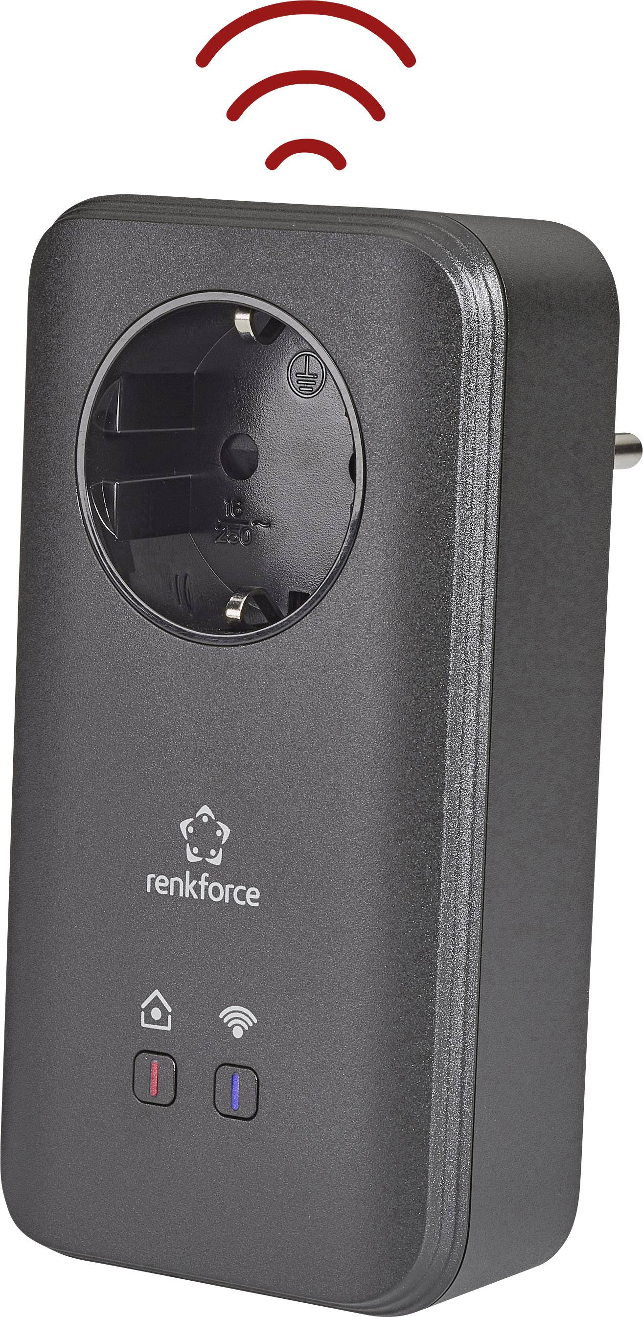 A black, smart plug adapter with Wi-Fi functionality for wireless device control. LED indicators and a red Wi-Fi symbol on top.