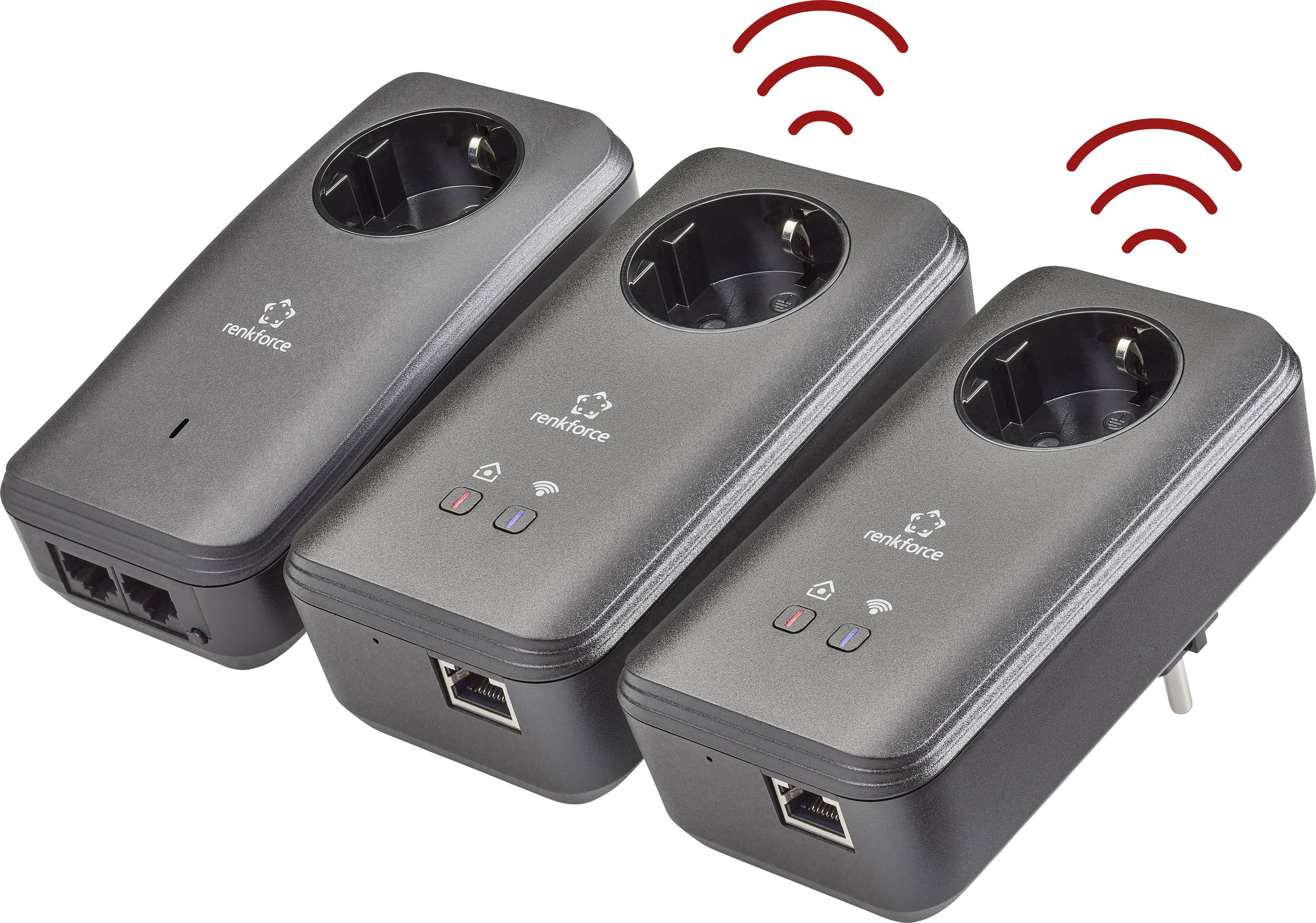 Three black powerline adapters with plug sockets and Ethernet ports. Red radio signals symbolise wireless connectivity.