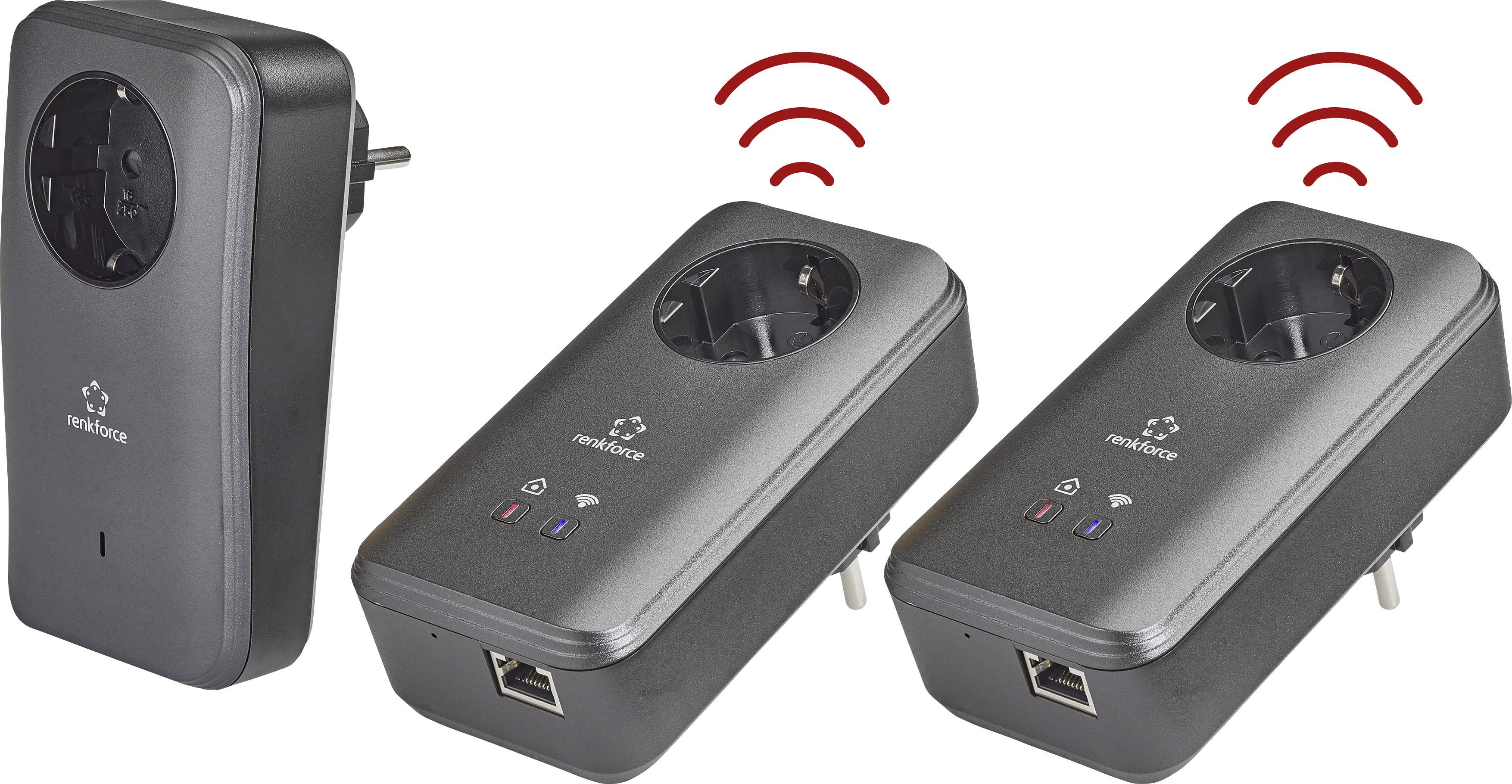 Three black powerline adapters with mains plug and LAN port. Two adapters have a wireless signal symbol on top. Connect devices via electrical wiring.