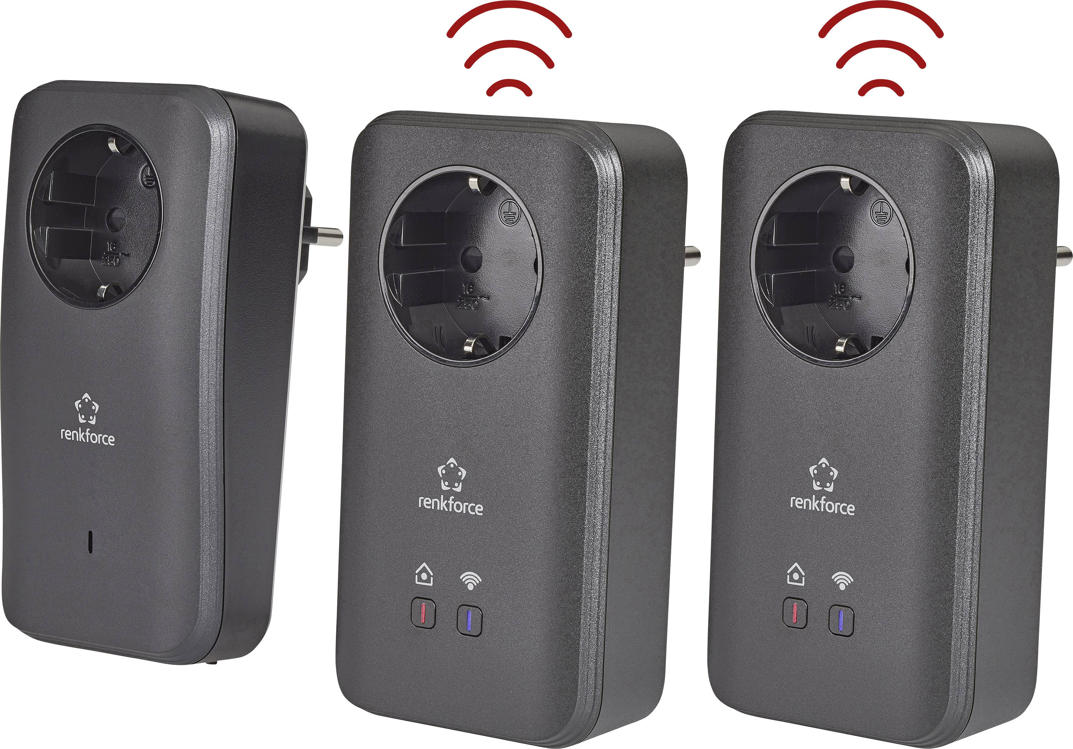 Three black powerline adapters with Wi-Fi symbol and LEDs indicating connectivity. 'Renkforce' brand name visible on each device.