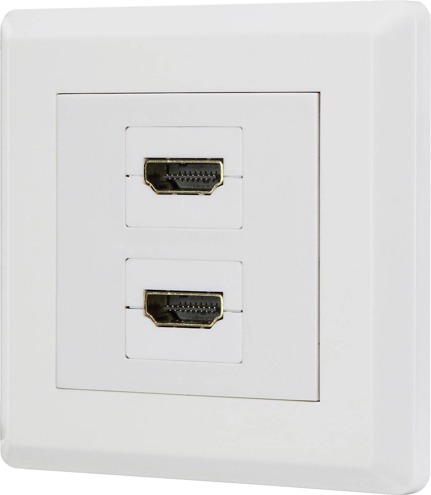 Two HDMI sockets on a white wall plate, suitable for connecting media devices to transmit audio and video signals.