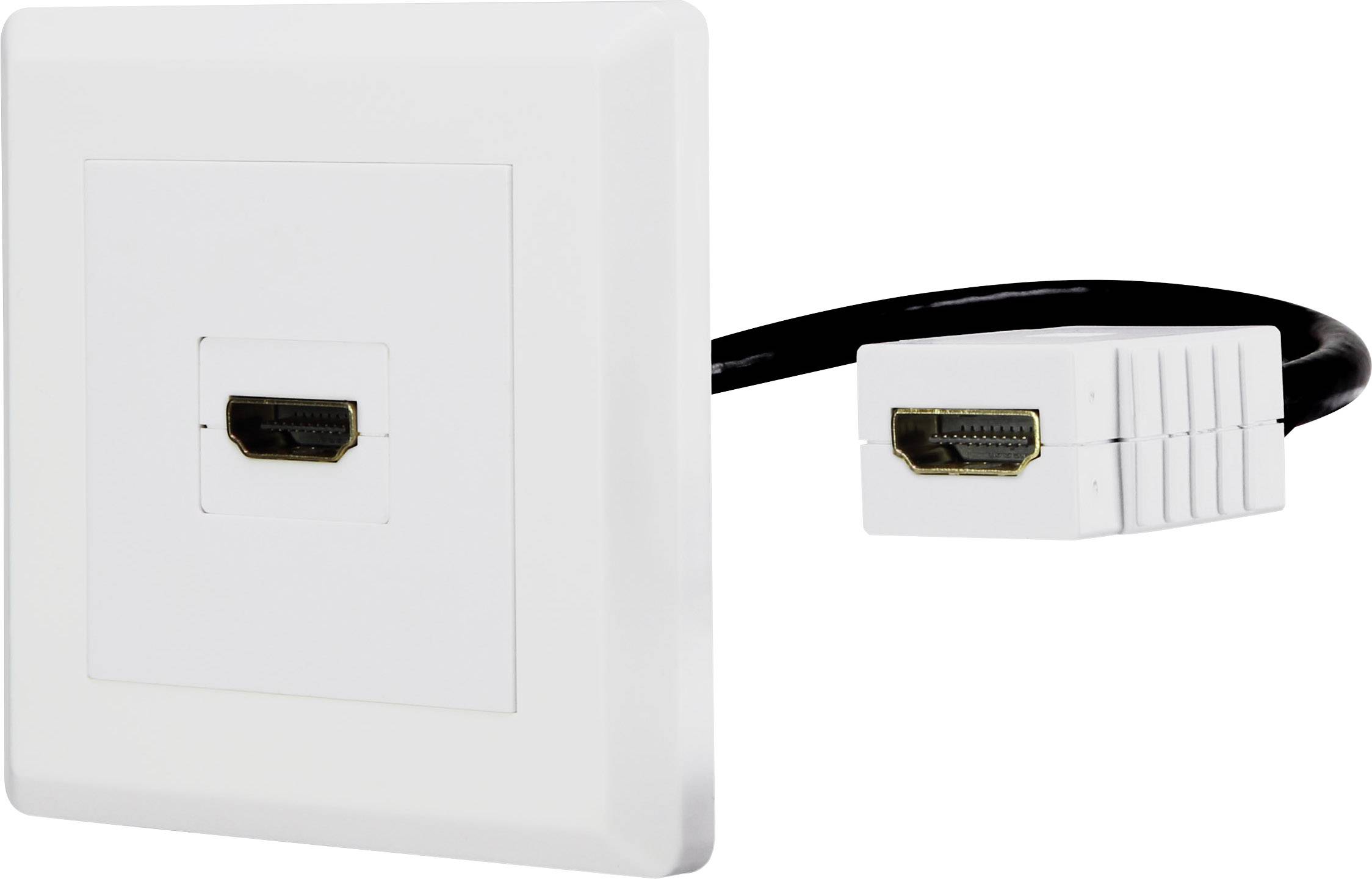 A white HDMI wall socket with a black HDMI cable connected to it.
