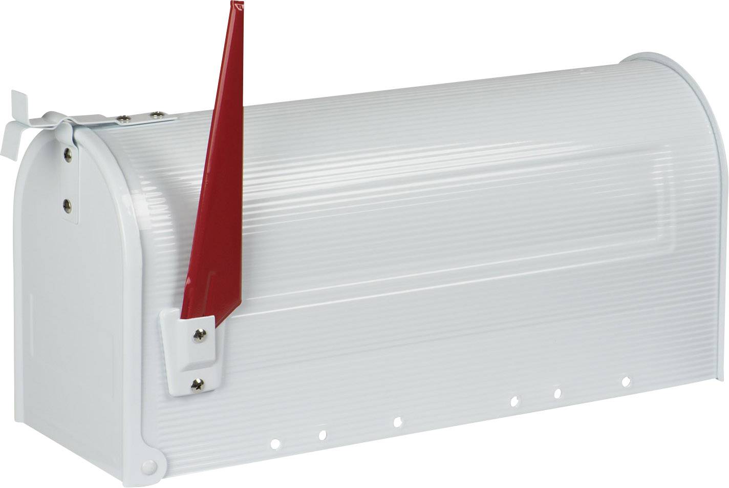 Grey postbox with a red flag raised, indicating that mail is ready for collection.