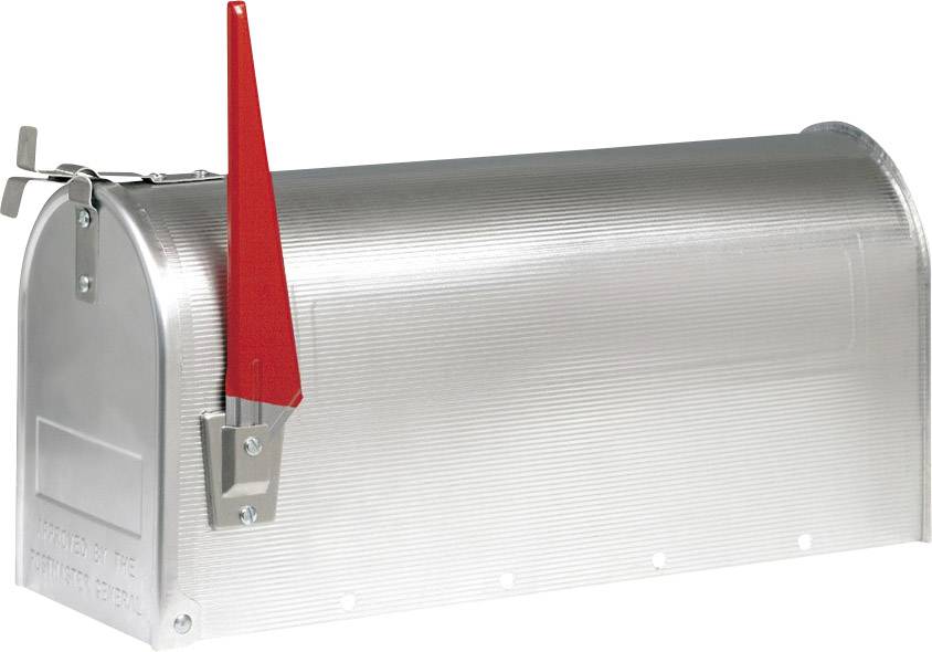 A silver metal letterbox with a red, upright lever on the side.