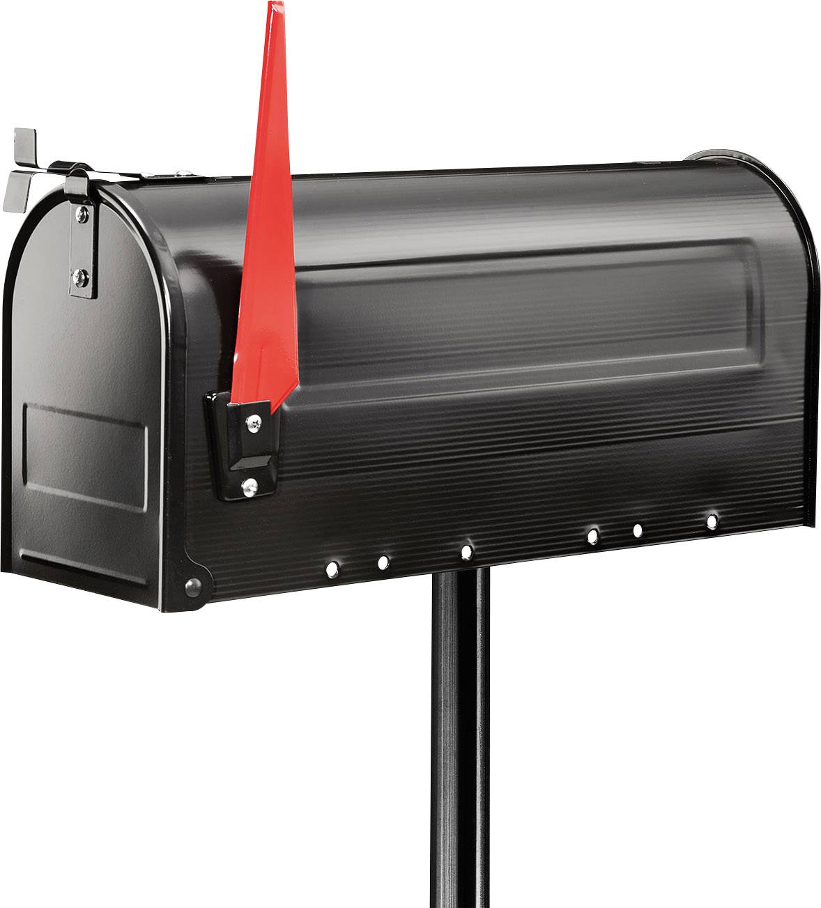 Black postbox mounted on a stand, with a red movable flag on the side, ready for incoming or outgoing mail.