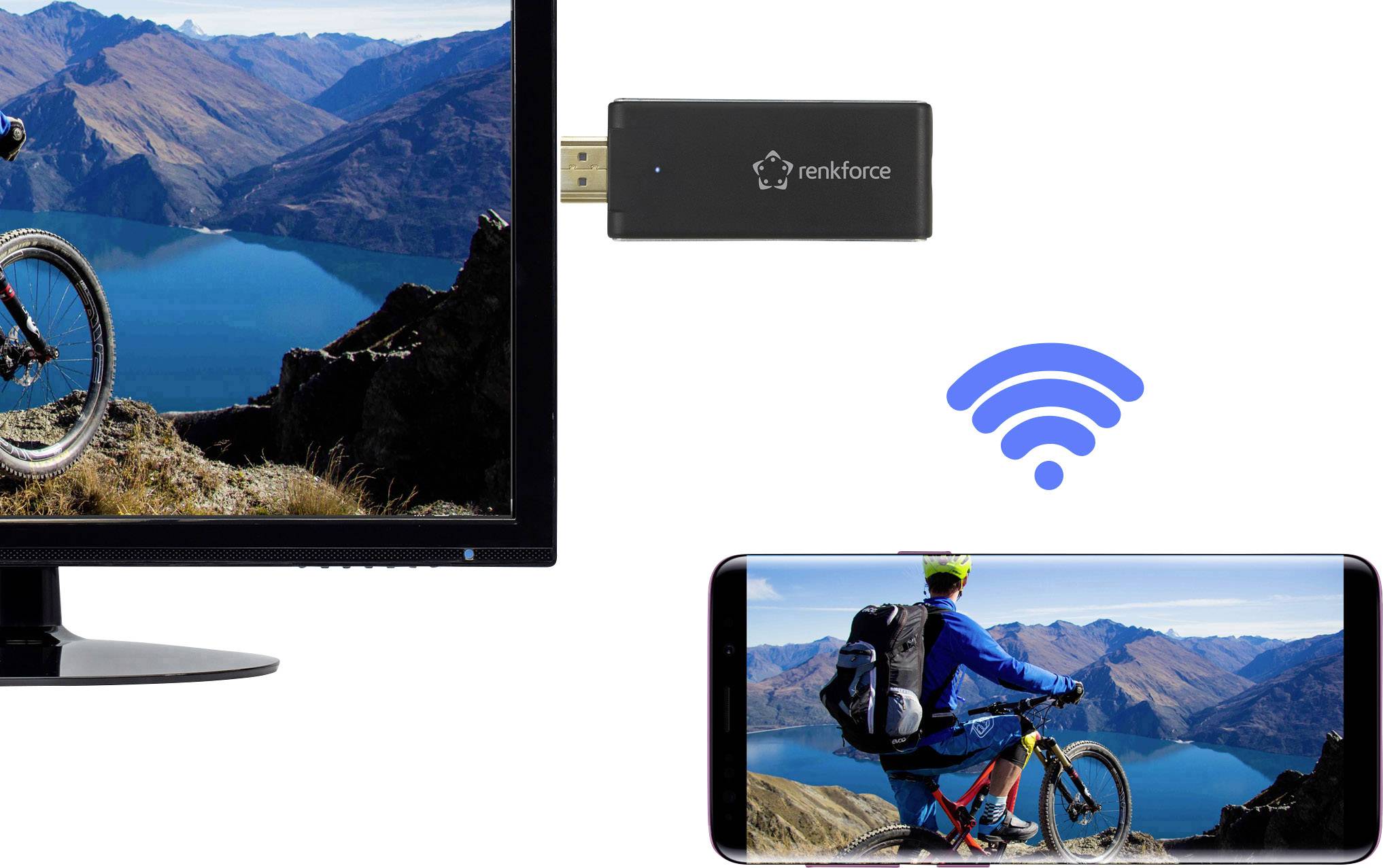 A smartphone wirelessly transmits an image of a cyclist in a mountainous landscape to a monitor using an adapter.