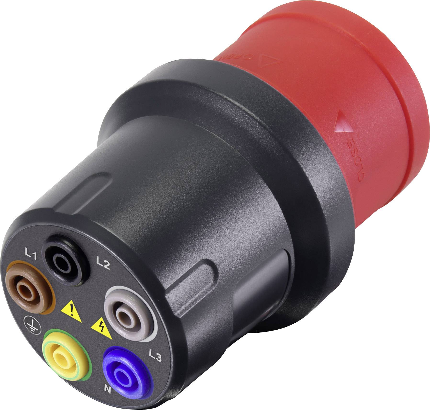 Socket tester for three-phase electrical connections, with colour-coded terminals and symbols for voltage testing.