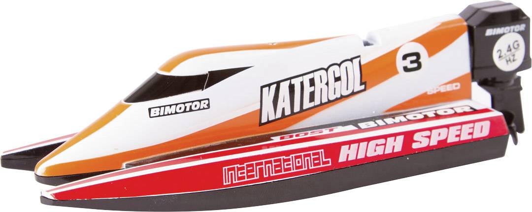 Toy racing boat with 'Katercol', 'International' and 'High Speed' printed on it. Orange and white design with two red runners.