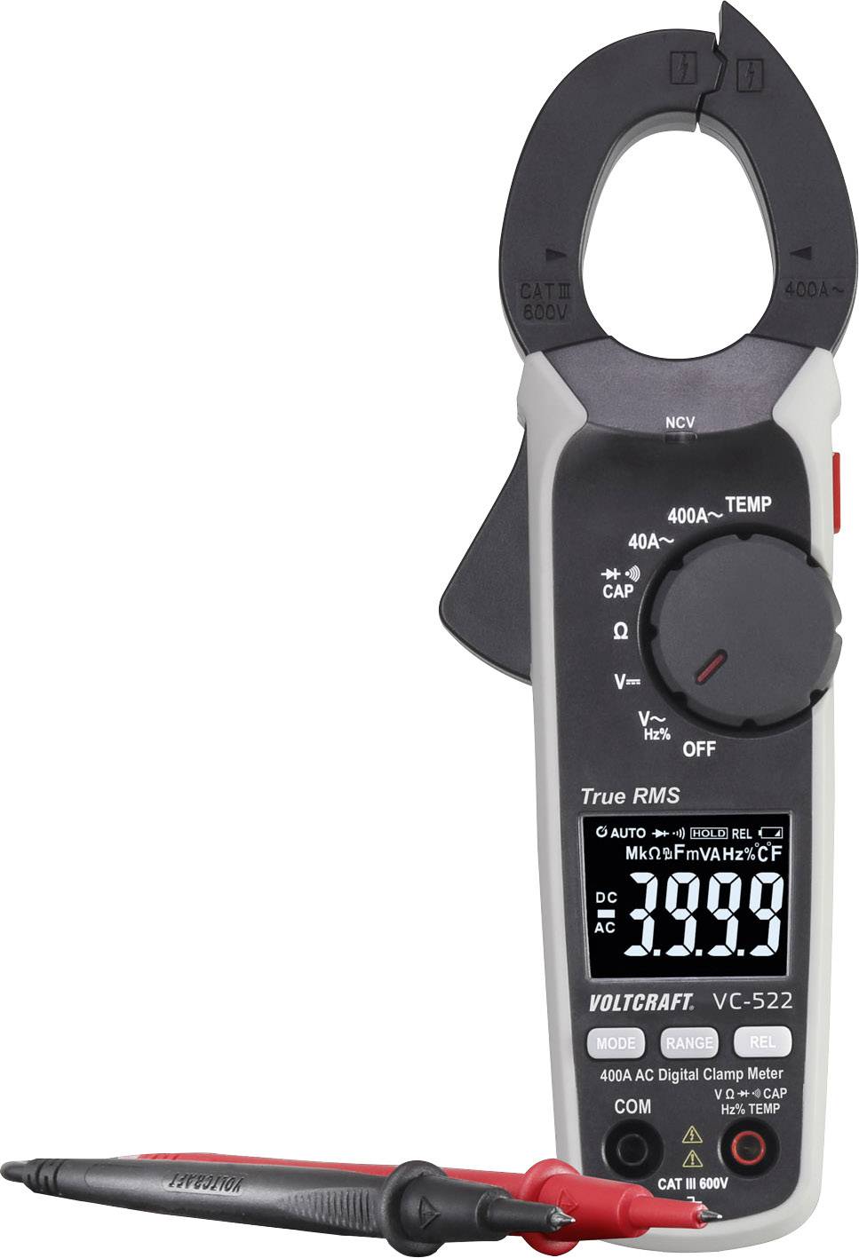 Digital Clamp Meter with Display Showing 200 Amperes. Contains Rotary Function Settings for Current Measurements.