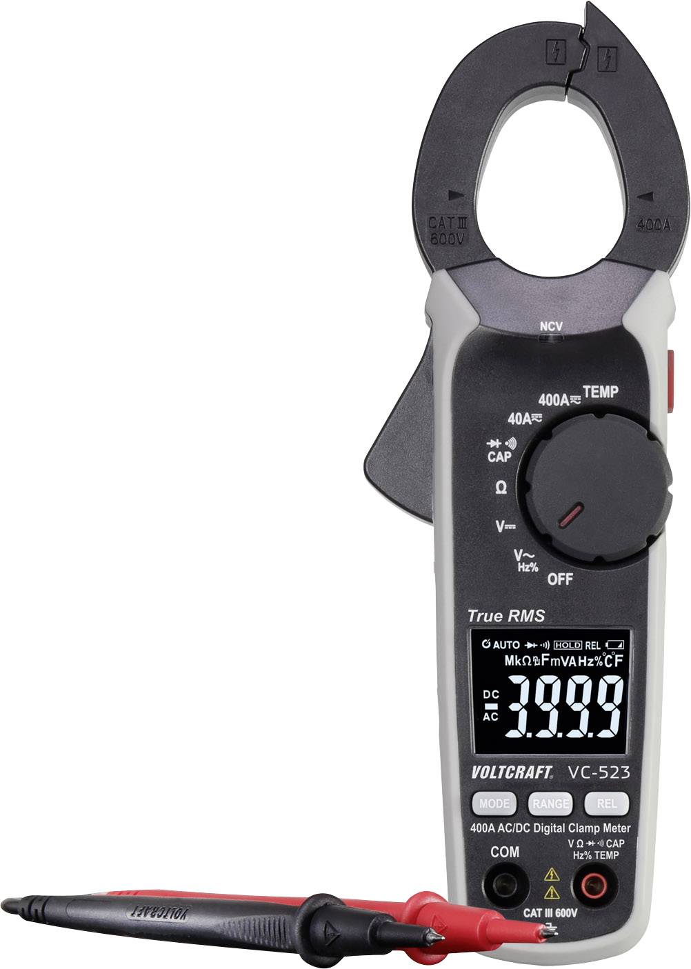 A digital clamp meter for measuring voltage, current, and resistance. Display shows '0.00'.