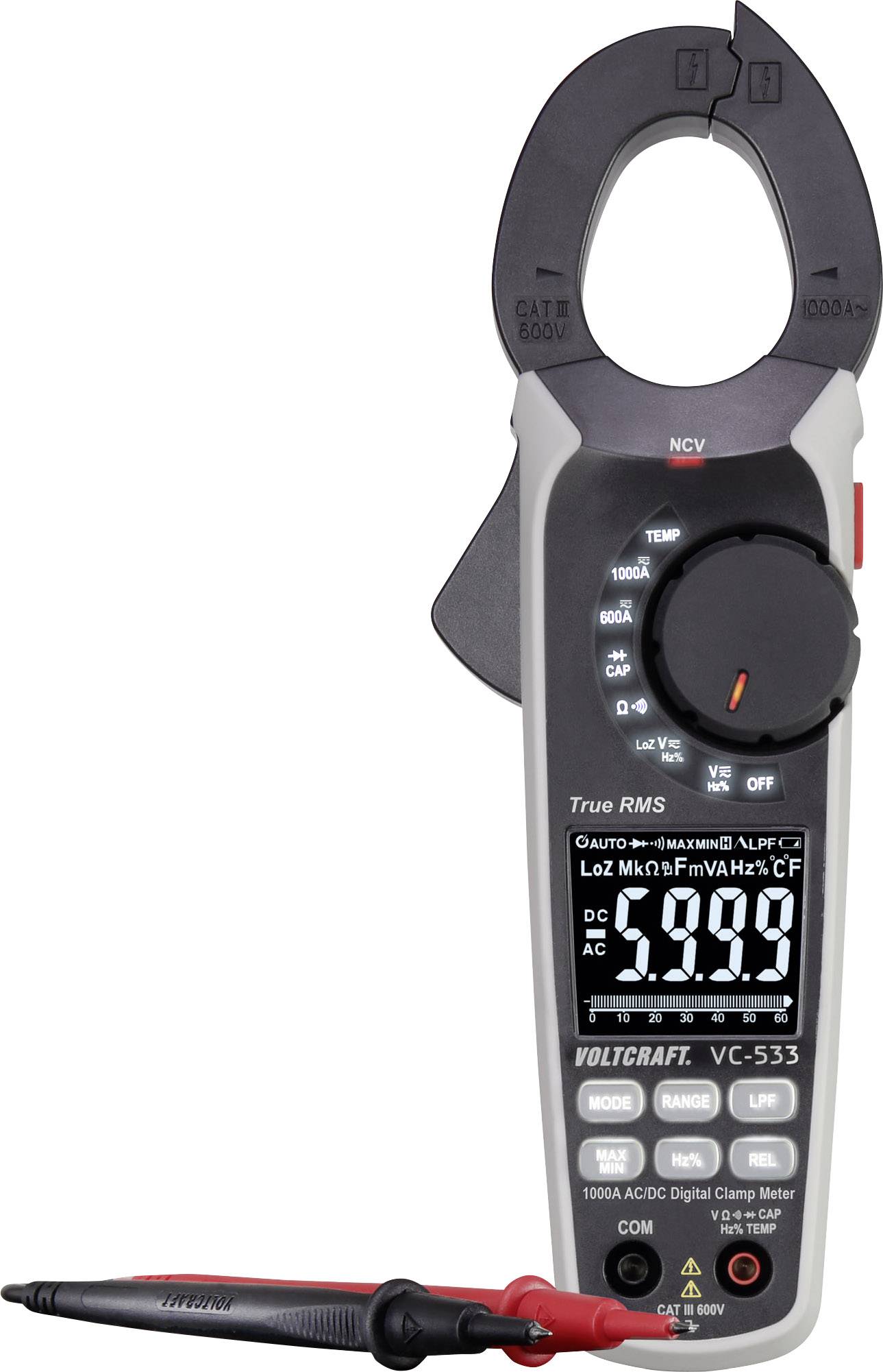 Digital clamp meter with large display, measuring range up to 1000 A, suitable for AC/DC current measurements and frequency measurement.