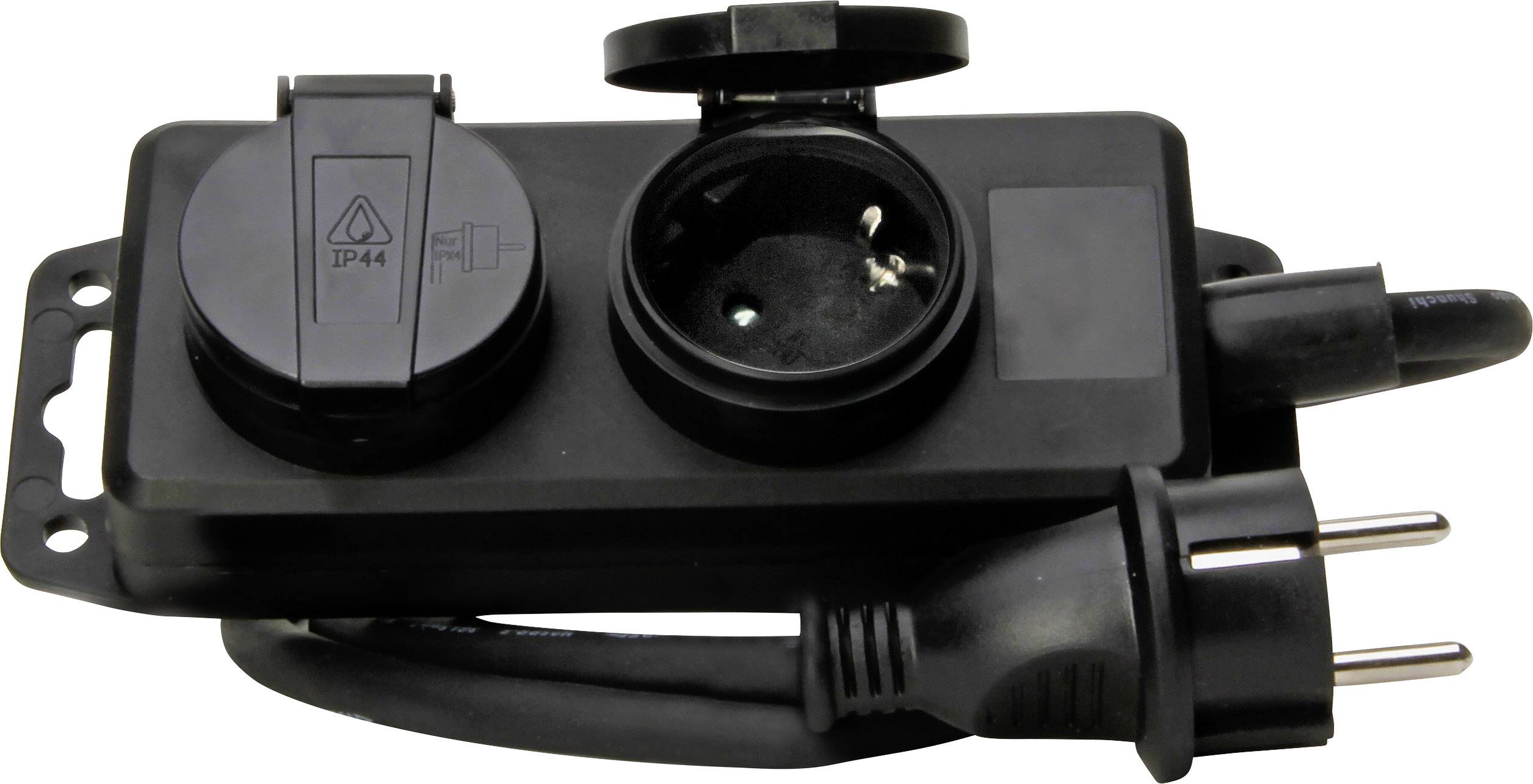 Black splashwater-protected power strip with IP44 rating, two outlets and one plug, suitable for outdoor use.