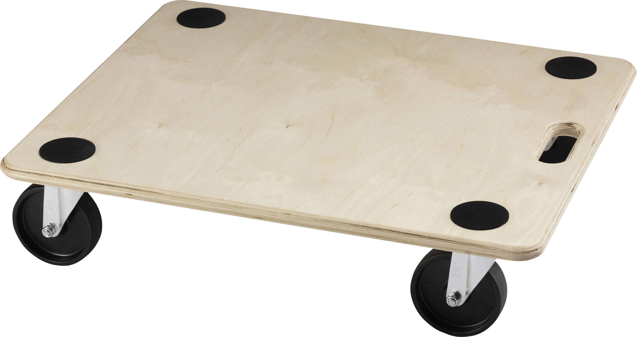Wooden transport dolly with four black wheels and black non-slip pads on the corners. Ideal for moving heavy items.