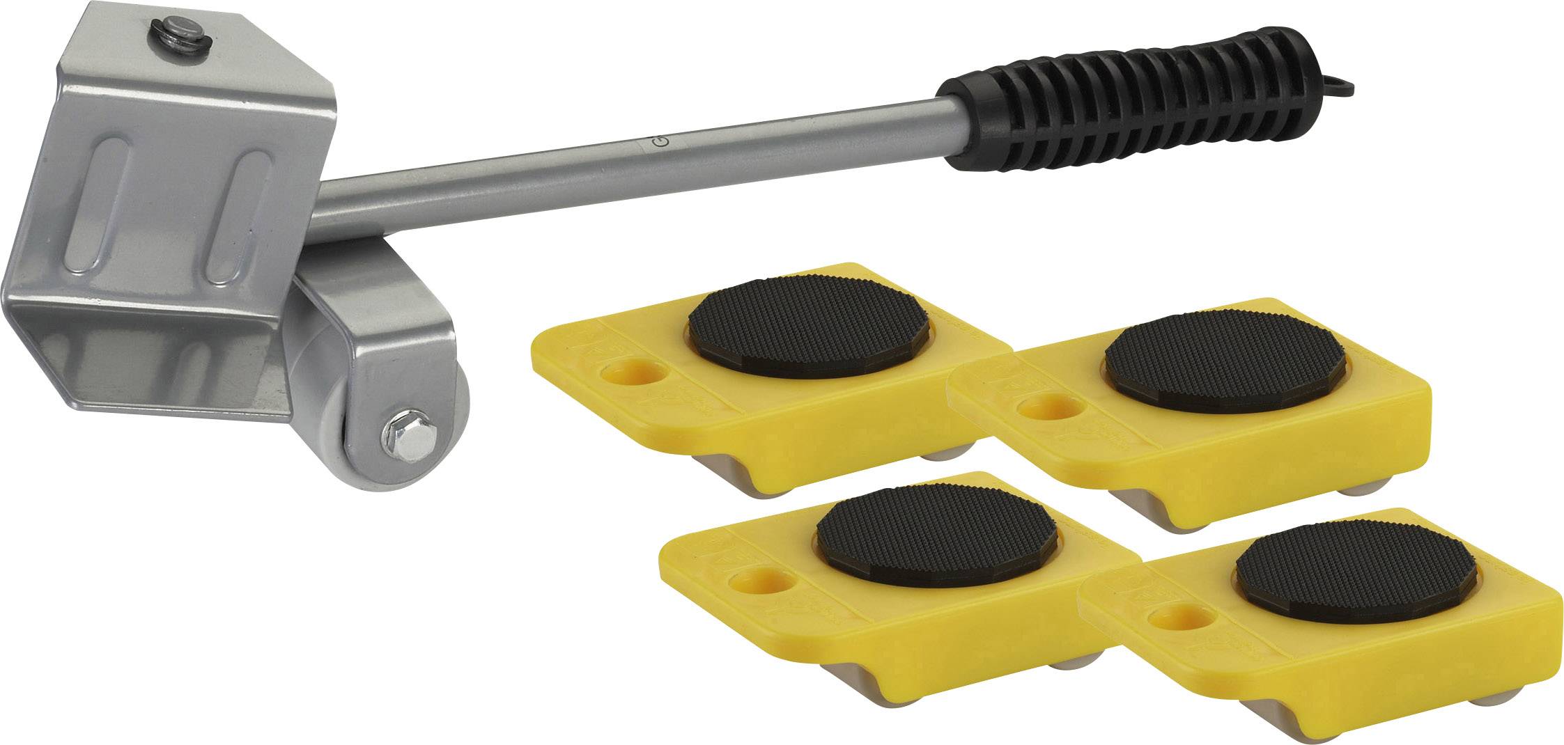 Lever tool with a black handle and four yellow furniture gliders with non-slip surfaces. Used for lifting and moving furniture.