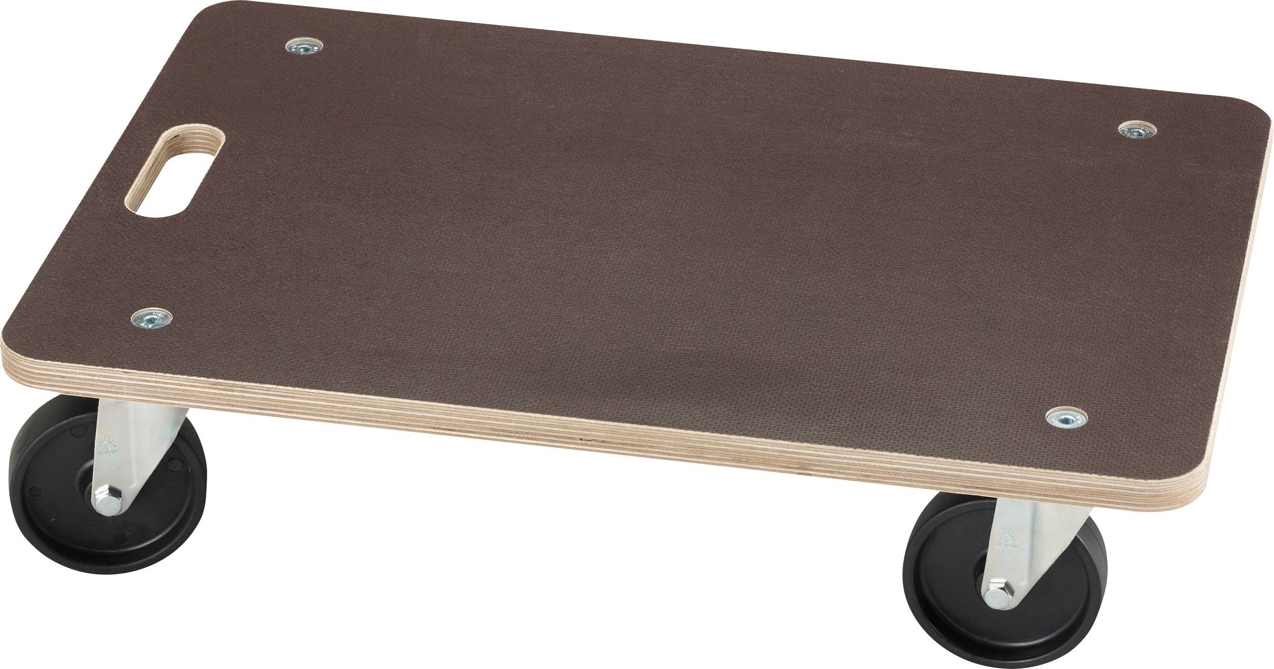 Handy trolley with a rectangular wooden top and four black wheels. Suitable for transporting heavy items.