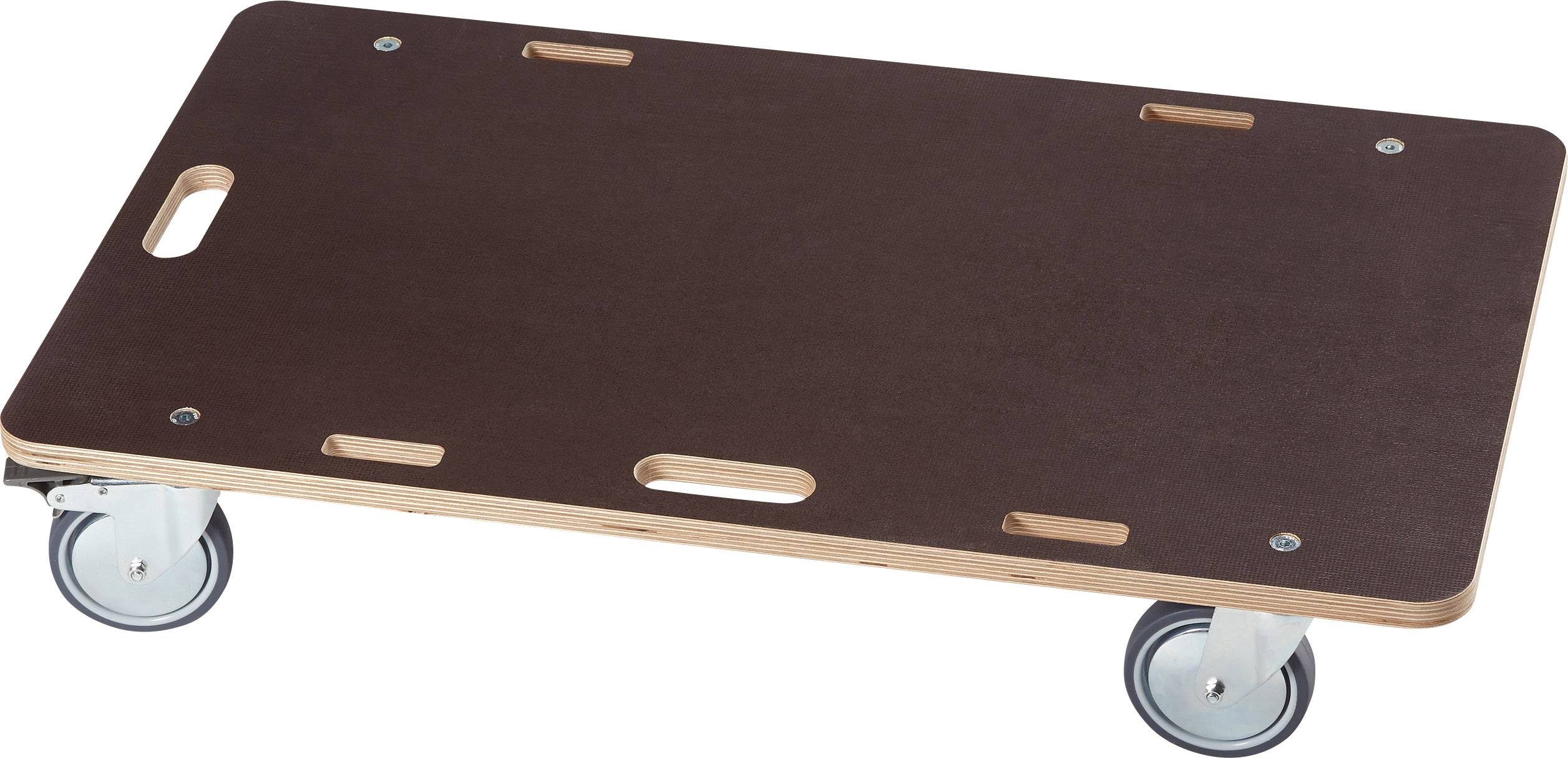 A rectangular trolley with a dark board and hand holes, mounted on four swivel castors, used for transporting objects.