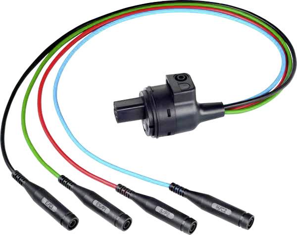 Distribution plug with four coloured cables: red, green, blue and black. Suitable for electronic connections.