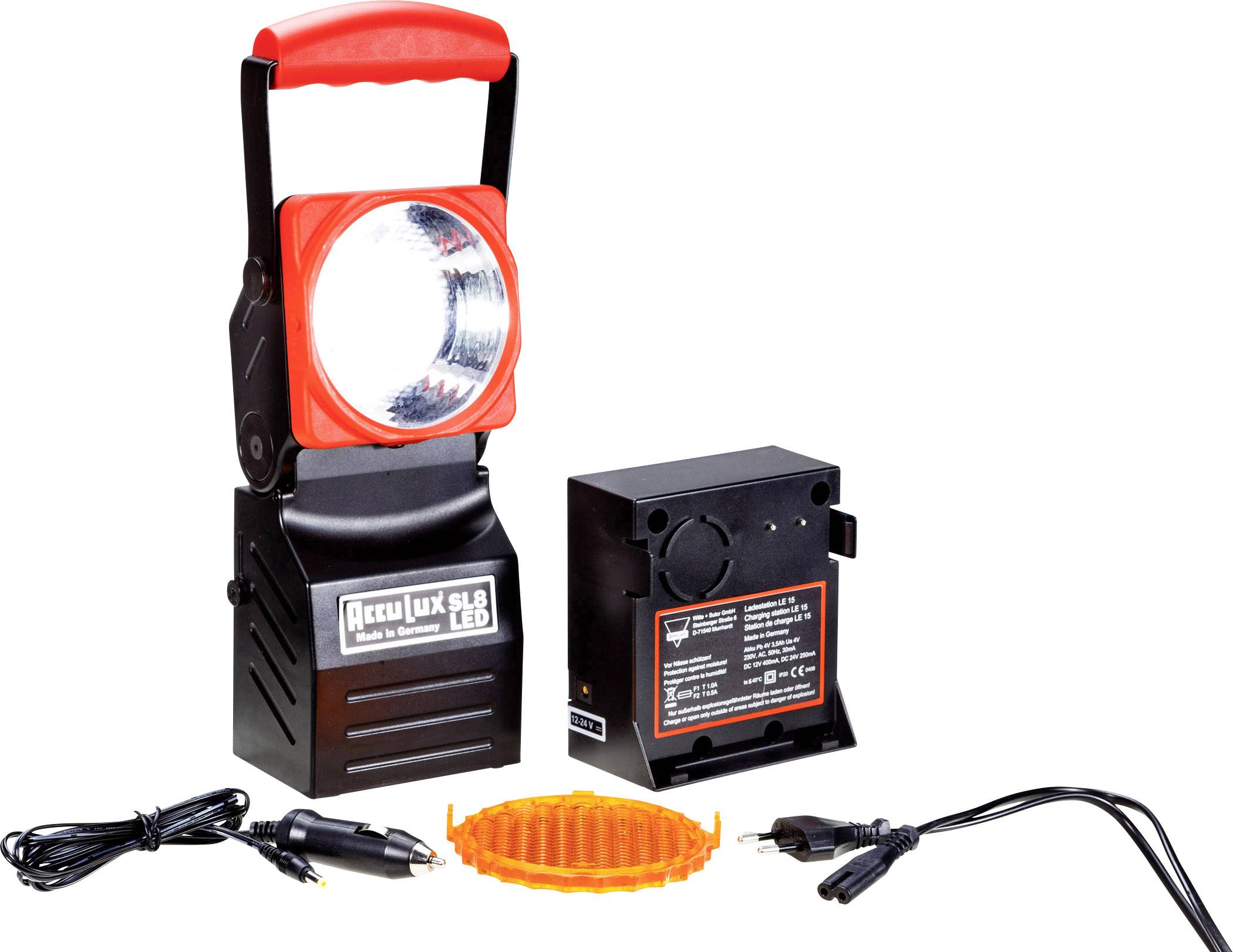 Portable LED lamp with rechargeable battery, charger, cables, and orange lens.