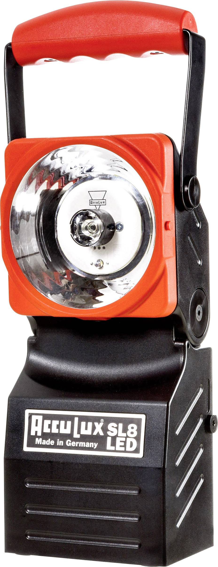 A portable, battery-powered LED torch with a red handle and black casing. Label reads: 'AccuLux SL8 LED, Made in Germany'.