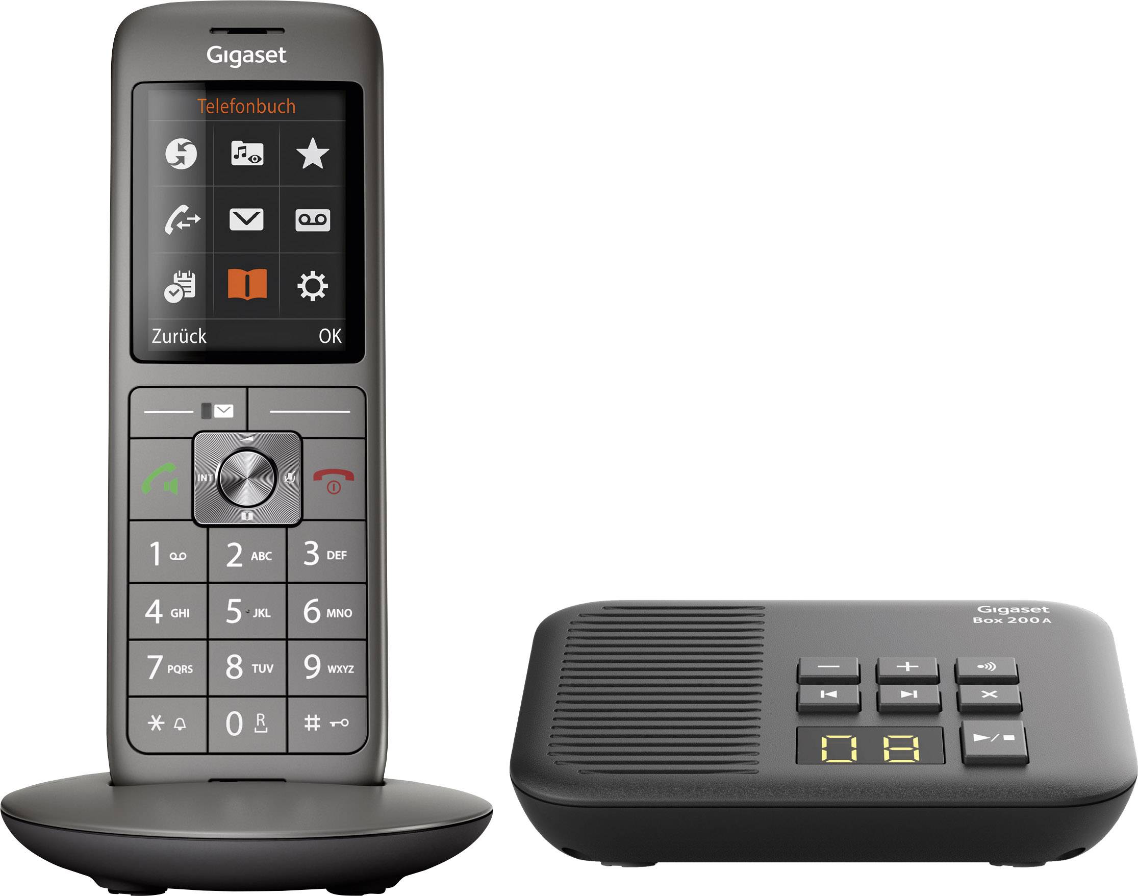 Cordless telephone with display showing a menu with options such as 'Telephone Directory'. Next to the telephone, a base station with buttons.