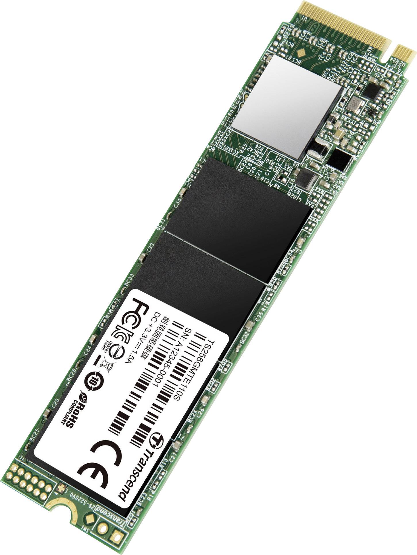A M.2 SSD, slim and rectangular, with visible memory chips and interfaces. It displays labels with technical information.