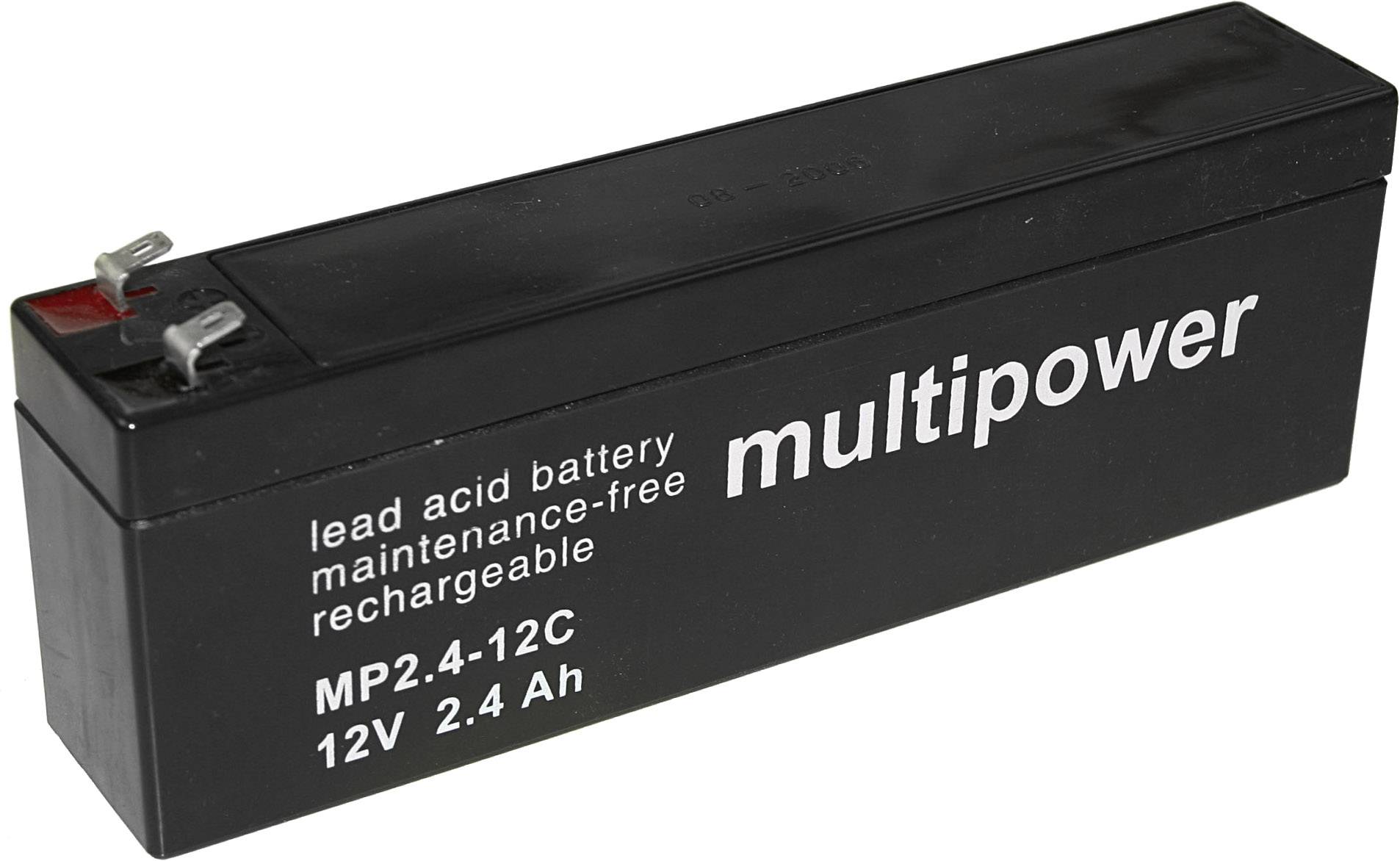 Black lead-acid battery with the inscription 'multipower', model MP2.4-12C, 12V 2.4Ah, maintenance-free and rechargeable.