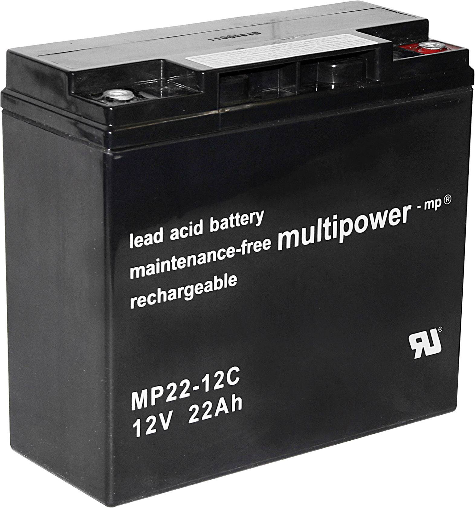 Black lead-acid battery with inscription: lead acid battery, maintenance-free, multipower, 12V, 22Ah.