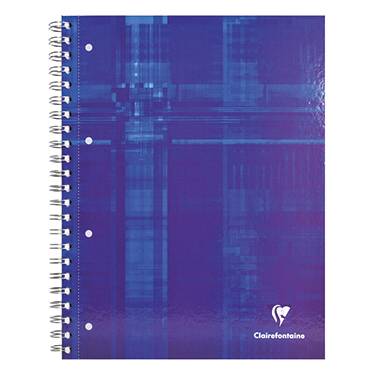 A blue, checked spiral-bound notebook with a glossy cover displays the 'Clairefontaine' logo in the bottom right corner.