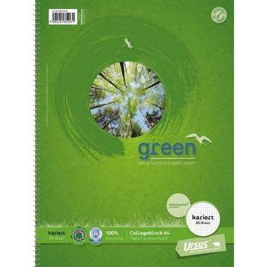 Green notepad envelope with a photo of trees in a circle. Caption: 'green', squared paper, 80 sheets, A4, recycled.
