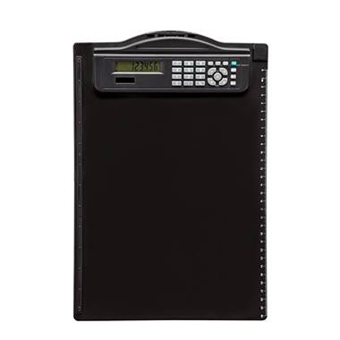 A black clipboard with an integrated LCD screen and numeric keypad on top, for easy management and calculations.
