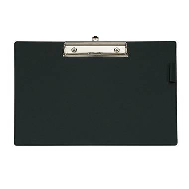 A simple black clipboard with a metal clip at the top.