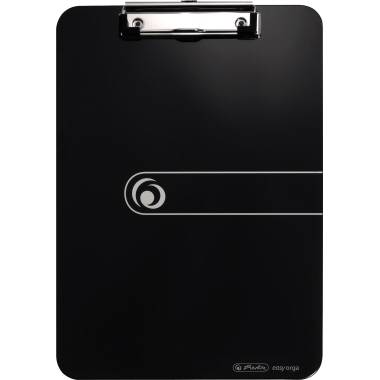 Black plastic clipboard with a metal clip at the top. 'Esselte Easy Orga' logo and brand in the bottom right corner. Minimalist design.