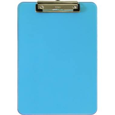 A blue plastic clipboard with a metal clip at the top for securing paper.